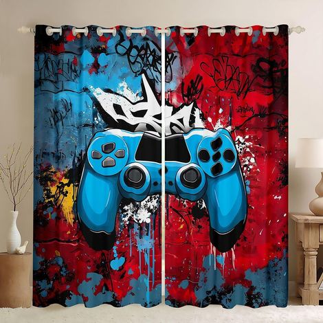 Rideau Occultant 140x260 cm Jeu Moderne Rideau Consoles de Jeu Vintage Rideaux Voilage Gamer Style Doodle Voilage Fenetre Art Mural Graffiti pour Chambre Salon - 140L X 260H cm (2 Panneaux) (1/5)