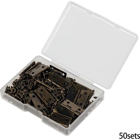 (Bronze) Boîte de 50 charnières en fer avec 200 vis, finitions argent, doré, bronze et noir. Fixation à 4 trous. Quincaillerie de meubles durable. Mini charnières décoratives. (1/5)