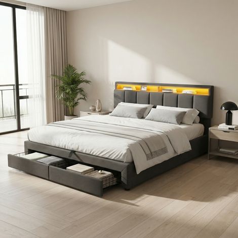 VASIEN – Lit coffre 180x200 cm avec Rangement hydraulique,2 tiroirs,sommier à lattes,lit double adultes,Lit 2 Personnes capitonné,style scandinave,lin - Gris (1/5)