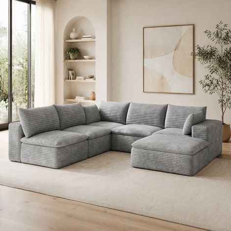 Sofá modular de tejido efecto pana 260 x 250 cm, gris, sin montaje, OKWISH (1/5)