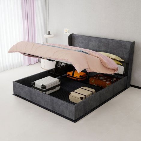 Lit - SOGEU - Modern Minimalist - 160x200 cm - Tête de lit velours gris - Rangement base haute (mécanisme gaz) (1/5)