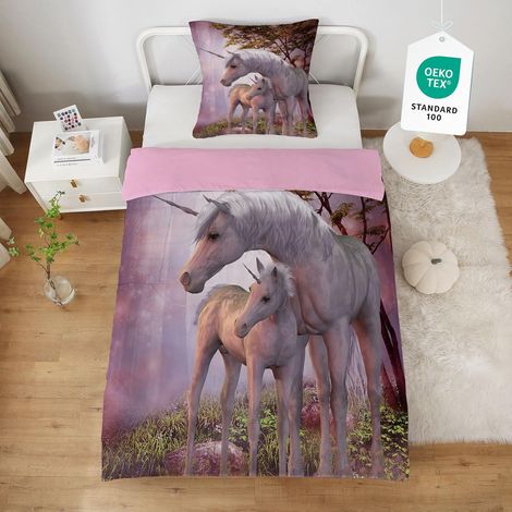 Housse De Couette Licorne Cheval 140x200 Fille Rose 3D Imprimé Parure De Lit 1 Personne Housse De Couette 140x200 ZippéE Au Drap Housse Taie Oreiller 65x65 Cadeau FêTe Animaux De La Jungle - 140x200 (1/5)