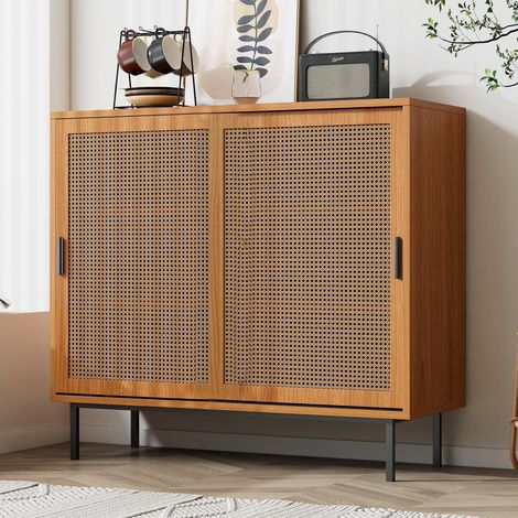 Buffet 100 cm con 2 porte in rattan e mensole regolabili, stile campagnolo, buffet da cucina con 6 scomparti, Marrone (1/5)