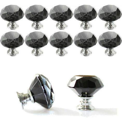 Lot de 10 boutons de porte en cristal diamant 30 mm, poignée tiroir, armoire, placard, noir – DELKEVIC (1/5)