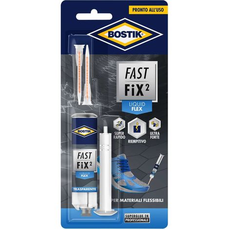 BOSTIK Fast Fix2 Liquid Flex colla bicomponente super forte e rapida, pronta all'uso, per materiali flessibili 10g trasparente (1/2)