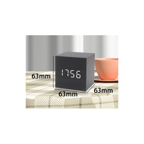 Horloge en bois noir avec chiffres blancs, alarme LED à clic et activation sonore (heure, date, température)