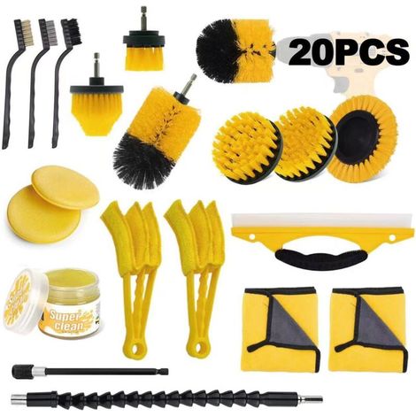 20 Pack, Car Cleaning Kit - Car Interior and Exterior Care Kit - Car Wash Kit with Brushes, Polishing Sponges, Cleaning Gel and More (Drill Not Included) (1/4)