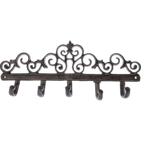 HOMESCAPES Brown Cast Iron Coat Hooks with Decorative Swirl Design