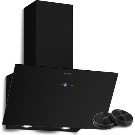 Klarstein Laurel Kopffreihaube - 60cm Winkel-Abzugshaube, 417 m³/h, Touch-Bedienung, LED-Beleuchtung, A+++ Energieeffizienz, Umluft & Abluft, leise, Glasdesign, dunstabzugshaube, Schwarz (1/5)