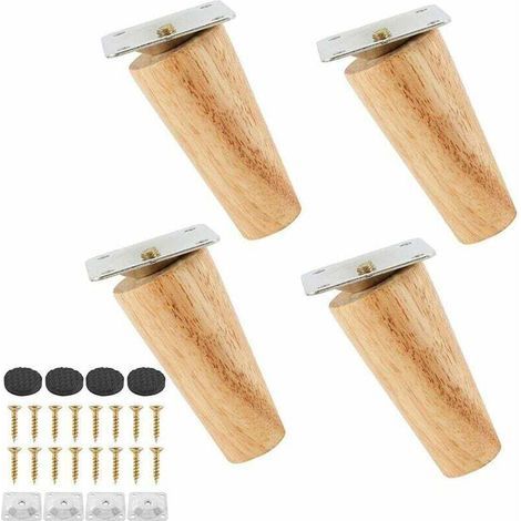 Lot de 4 Pied de Meuble en Bois Massif, Jambes de Canapé Remplacement avec Tapis Antidérapant,Plaque de Montage et Vis pour Lit, Armoire, Tiroir (8cm, Pied incliné) (1/4)