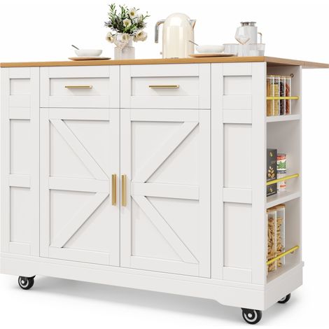 Îlot de cuisine moderne, meuble de cuisine et buffet, desserte effet bois, table à manger multifonction avec espace de rangement et modules extensibles, blanc