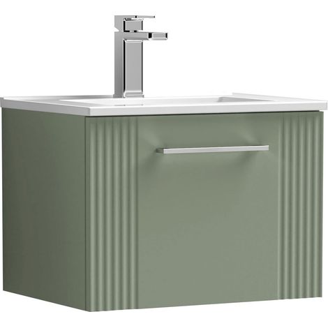 Nuie Deco Satin Green 500mm Wall Hung Single Drawer Vanity Unit and Curved Ceramic Basin - DPF891G (1/5)