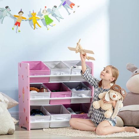 Armario infantil con 9 cestas extraíbles, fabricado en madera MDF y tela, 63x30x60 cm, rosa y blanco. (1/5)