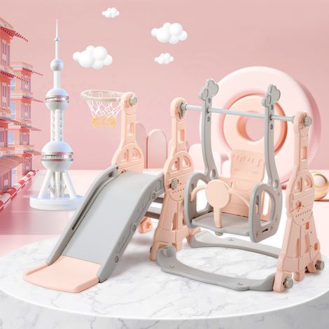 Scivolo per bambini 140 x 118 x 102 cm, area giochi 4 in 1 con altalena e canestro da basket, per interno ed esterno, rosa