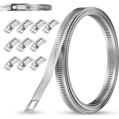 Edelstahl-Rohrschellen – 5 Meter perforiertes Metallband + 10 Befestigungselemente – Geeignet für Rohr-, Garten-, Automobil- und Industrieanwendungen. (1/5)