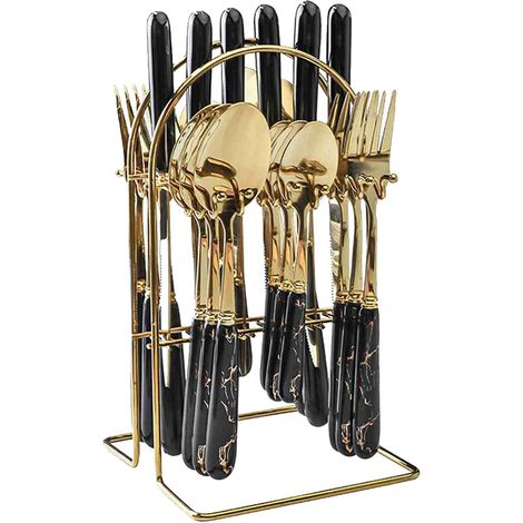 24-piece stainless steel cutlery set with black handles and gold trim. Includes forks, spoons, knives, and other durable metal utensils for steak dinners. (1/5)