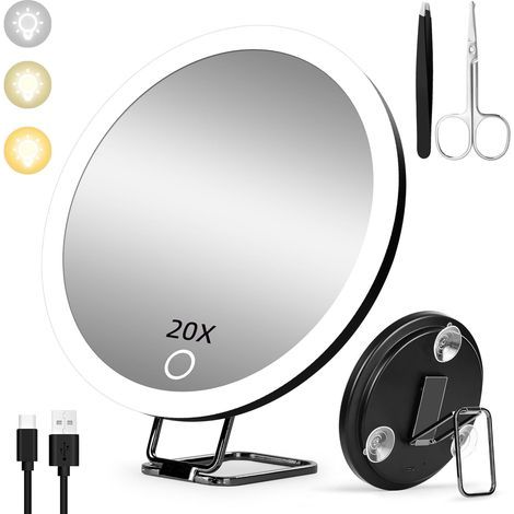 Magnifying mirror, 15.2 cm diameter, rechargeable, 3 light modes, 360° stand, suction cups, makeup (1/5)