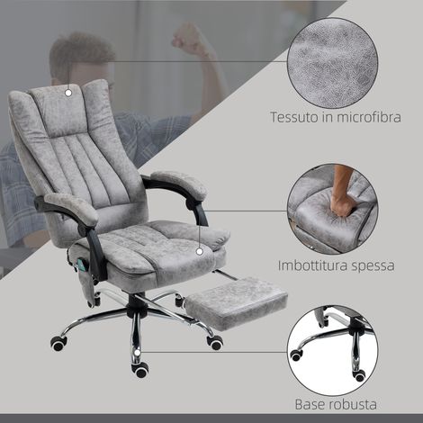 Chaise de bureau ergonomique grise en microfibre, avec massage et chauffage, réglable en hauteur 62x70x113-120 cm, fauteuil avec repose-pieds intégré (1/5)