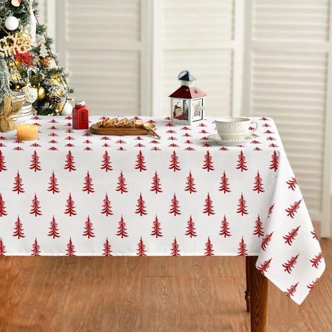 Nappe De Table - Rectangulaire 152 X 213 Cm - Motif Arbre De Noël Rouge Et Blanc - Polyester - Pour Fête Décorative Intérieure - 1 Pièce (1/5)