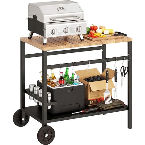 Chariot de barbecue avec table auxiliaire à double étage, roues, mobile, comprend un porte-gobelet et des crochets, poignées noires et marron. (1/5)