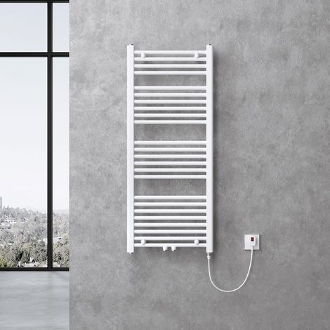 doporro Radiador de Baño Calentador de Toallas 120x60cm Radiador Tubular Horizontal Calefacción Eléctrica Blanco con Elemento Calefactor Eléctrico 600W (1/5)