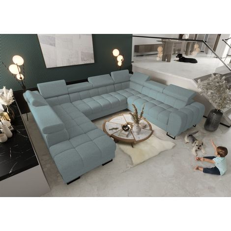 Wohnlandschaft Schlafsofa BASTIEN XL in Stoff Aragon Türkis Ottomane Links
