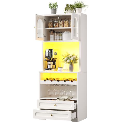 Küchenhochschrank mit Gebogenen Glastüren, Verstellbaren Böden, LED und USB-Anschluss, MDF Weiß, 140 x 40 x 180 cm (1/5)