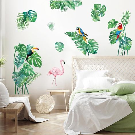 Feuilles Tropicales Autocollants Muraux Vert Grande Feuille de Palmier Perroquet Flamant Rose Décalcomanies Murales Art Decor pour Salon Chambre TV Fond Bureau (1/5)