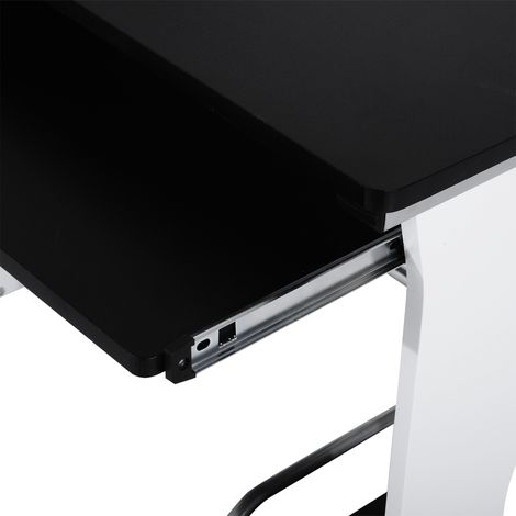 Bureau informatique blanc et noir avec étagère, tiroir et armoire, en MDF et métal, dimensions 100x52x75 cm.