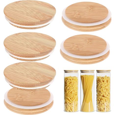 Lot de 6 couvercles en bambou pour casseroles avec joint en silicone, couvercles de rangement en verre réutilisables, couvercles en verre de bambou pour bocaux Gu-Pot (1/5)
