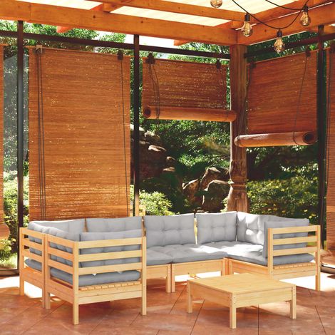 FIMEI Salon de jardin 7 pcs avec coussins gris Bois de pin (1/5)