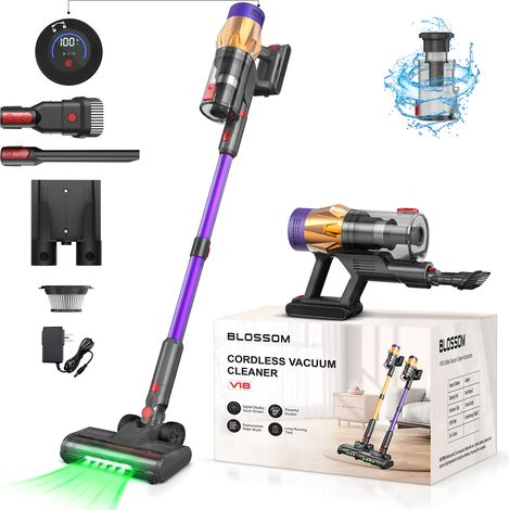 BLOSSOM Kabelloser Vertikalstaubsauger, 550 W, 60 Minuten Laufzeit, LED & Touchdisplay, Für Tierhaare, Teppiche und Hartböden - Lila (1/5)