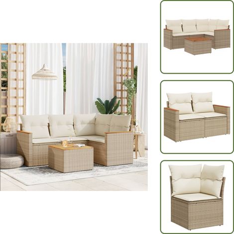 5-tlg. Garten-Sofagarnitur mit Kissen Beige Poly Rattan - Gartenmöbel Set - Esszimmergarnitur - Outdoor Lounge - Rattan Gartenset - Balkonmöbel (1/5)