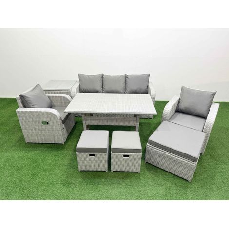 Fimous PE Rattan Garden Furniture Set Reclining Chair Sofa Lounge Sofa Set Rectangular Dining Table Side Table 3 Stools Light Grey (1/4)