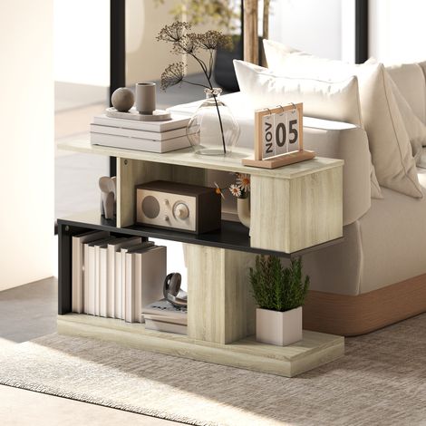 Table d'appoint en forme S. bout de canapé à 3 niveaux étagères de rangement. 90 x 30 x 61 cm. effet bois naturel noir