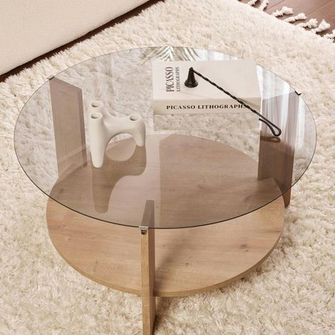 Table basse verre fumé double plateau - effet chêne SALTA (1/5)