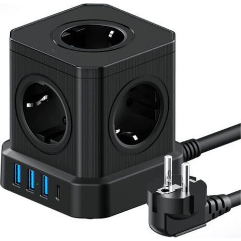 Multiprise Cube 9-en-1 avec USB 5 Prises EU avec 3 Ports USB-A et 1 Port USB-C 4000W Prise avec Interrupteur et Cable 2M Rallonge (1/4)