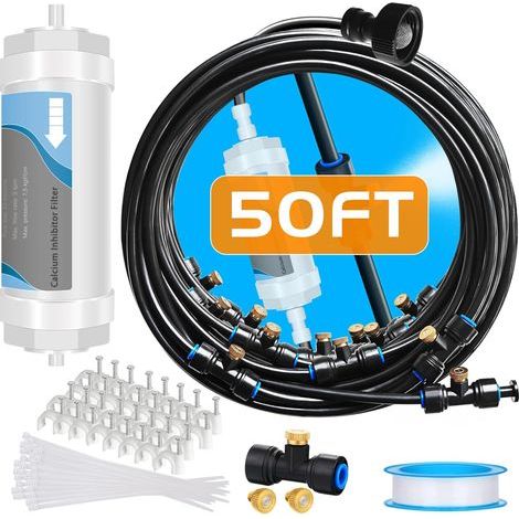 Système de brumisation avec filtre à eau - Ligne améliorée de 50 pieds (15 m) et 18 buses de brumisation en laiton pour le refroidissement des terrasses en extérieur Kit de systèmes de brumisation (no (1/5)