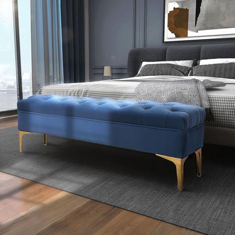 Panca da letto in velluto blu 118 x 45 x 42 cm, gambe in metallo dorato HAVRYA (1/5)