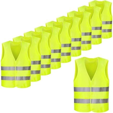 Pack of 10 Reflective Fluorescent Yellow Safety Vests, High Visibility for Cyclists, Drivers, Runners, Garbage Collectors etc., 56x68cm (1/5)