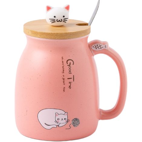 Mug Céramique - 450 ml - Couvercle Chat Avec Cuillère Intégrée - Compatible Micro-ondes Et Lave-vaisselle - Pour Café Thé Boissons Chaudes Ou Froides - 1 Pièce (1/5)