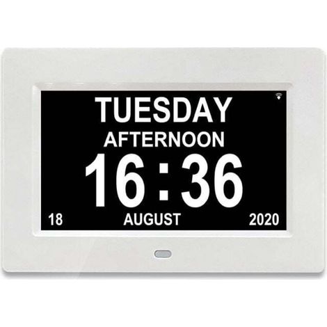 7-Zoll-LCD-Ziffernuhr, Kalender mit Datum, Uhrkalender mit Datum, Tag und Stunde, Alzheimer-Uhr für Senioren, C'est pour Les Parents (weiß)