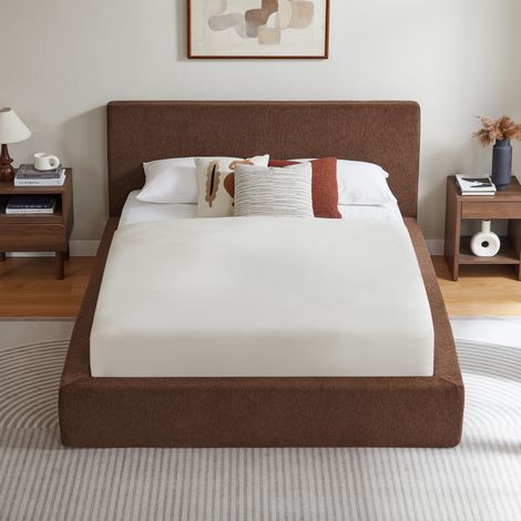 Letto 140x200 cm marrone in tessuto e acciaio con testiera imbottita – MEUBLIV (1/5)