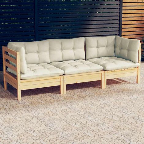 Canapé 3 places de jardin et coussins-Salon de jardin Sofa extérieur crème Bois de pin solide 830612 (1/5)