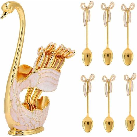 Coffee Dessert Spoon Set, Swan Cutlery Base Holder Spoon Organizer with 6pcs Spoon (Gold)