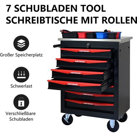 Chariot à outils multifonction 7 tiroirs avec roues,rangement métallique garage atelier,toit acier inoxydable noir et rouge.