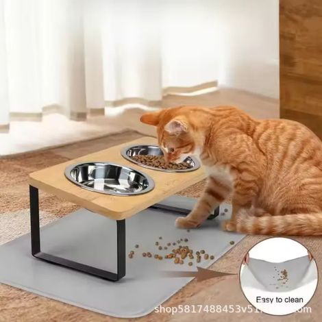 Support surélevé pour gamelles de chat - Modèle triple en bois massif et fonte