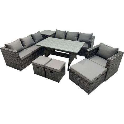 Fimous 10 Seater Outdoor Corner Sofa Chair Dining Table Set Garden Rattan Furniture Set with Side Table 3 Stools Dark Grey (1/5)