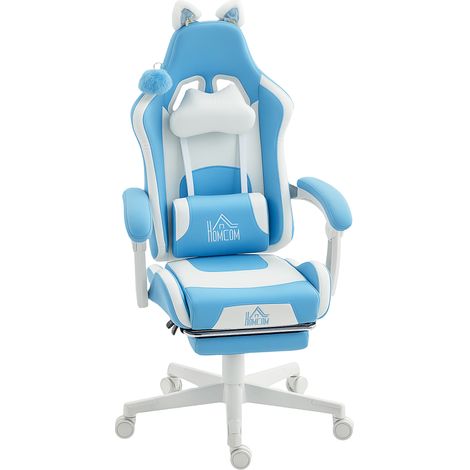Verstellbarer Gaming-Stuhl mit Fußstütze und Kissen, Kunstleder und Schaumstoff, 65 x 62 x 116–124 cm, Weiß und Rosa