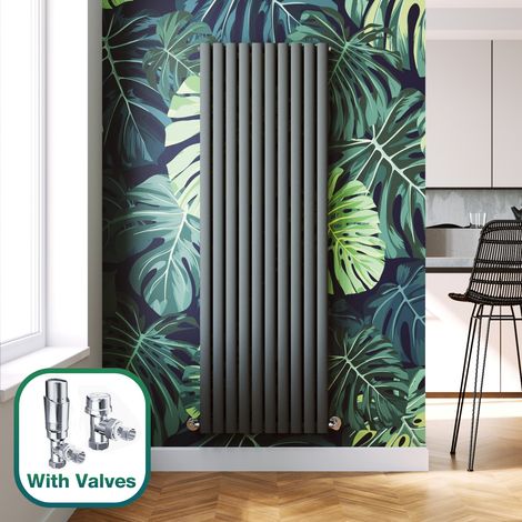 ELEGANT 1800 x 590 mm Anthracite Vertical Column Radiator Double Oval Panel Designer Bathroom Radiator + Chrome Thermostatic Radiator Valves (1/5)